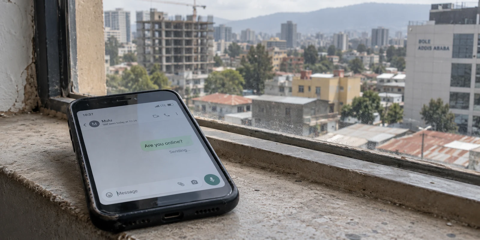 A message remains pending on a phone with LTE reception in Addis Ababa.