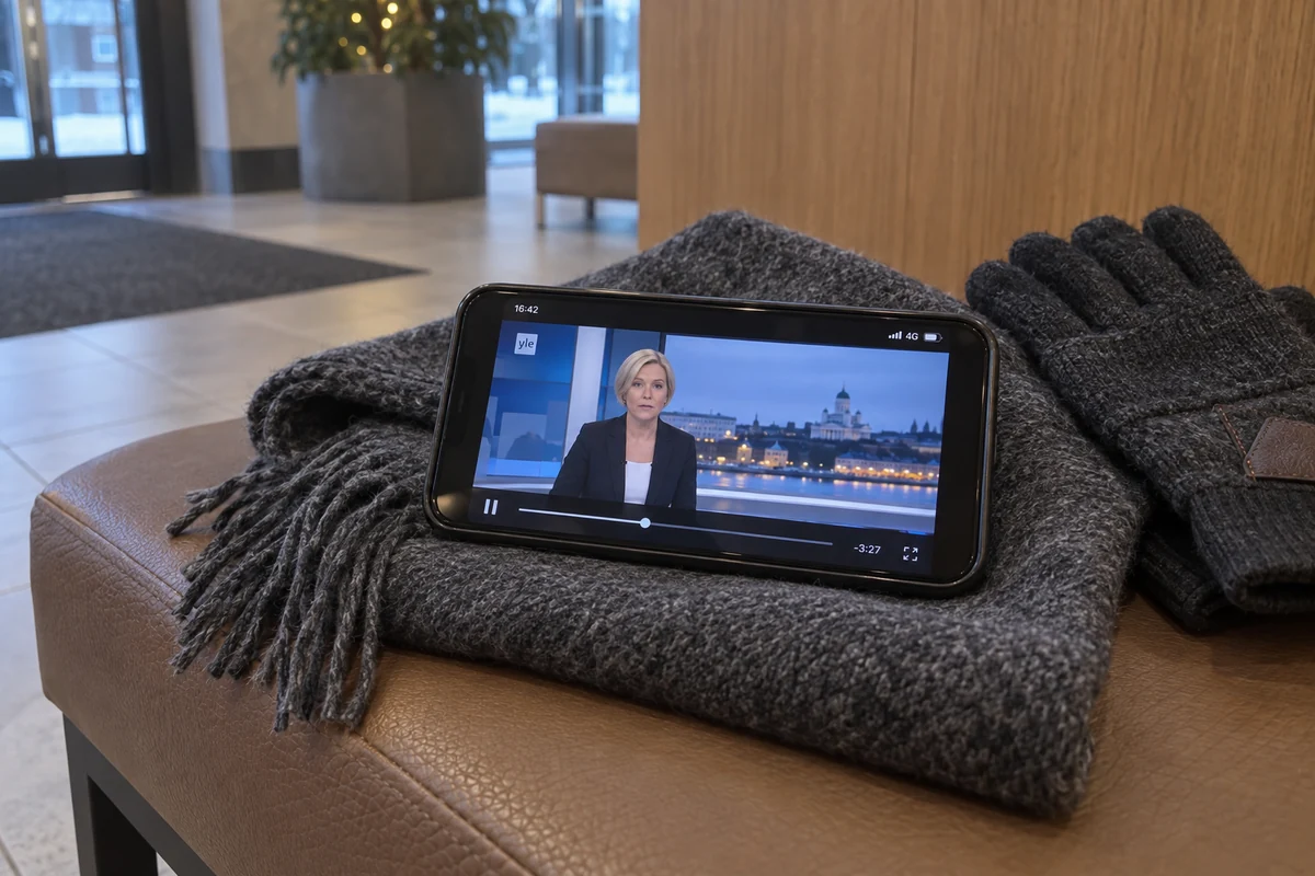 A phone plays a news broadcast over mobile data in a hotel lobby.