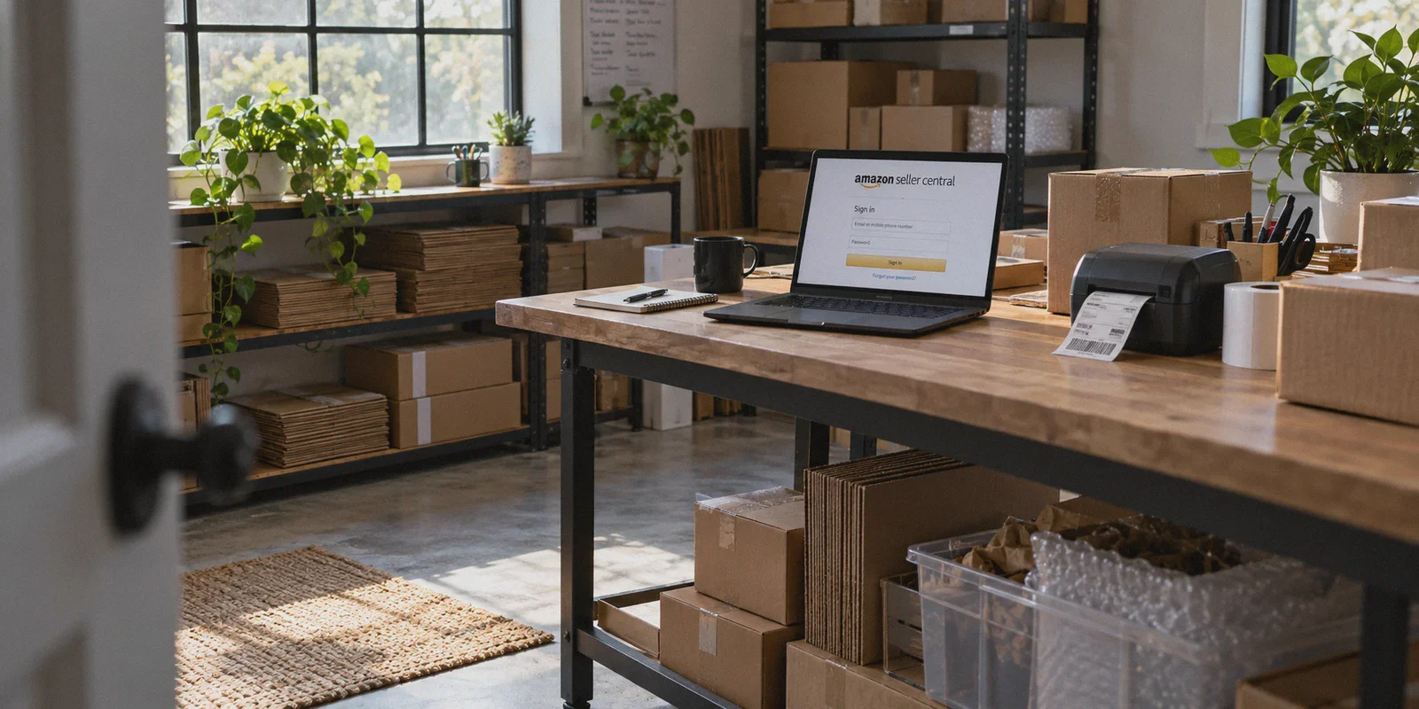 Seller workstation beside packing supplies