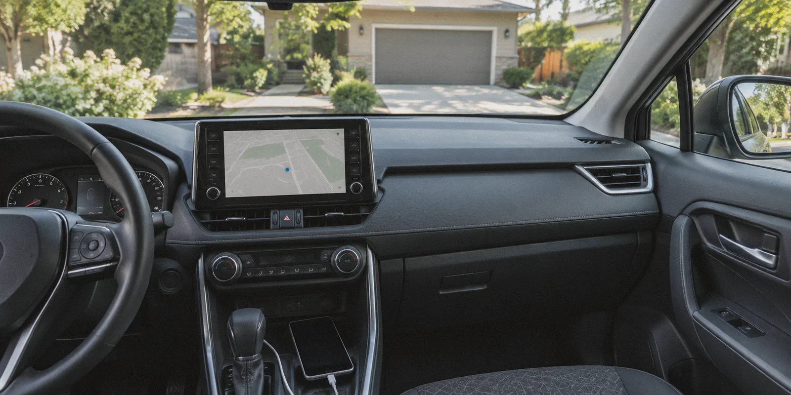 A parked car with dashboard navigation and a connected Android phone.