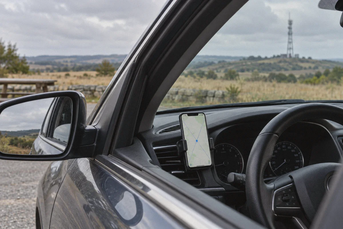 A mounted navigation phone at a rural rest stop.