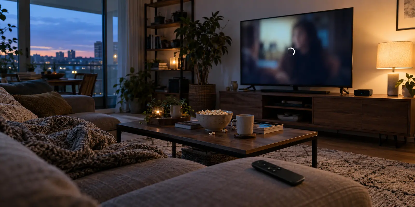 A living-room television pauses during streaming while an Apple TV box and remote sit nearby