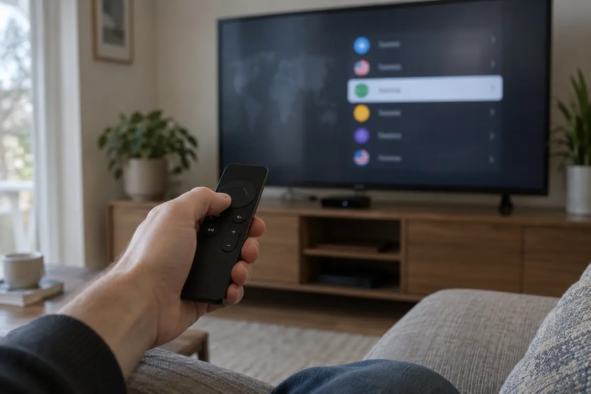 A viewer uses a television remote to navigate a simple location list on an Apple TV