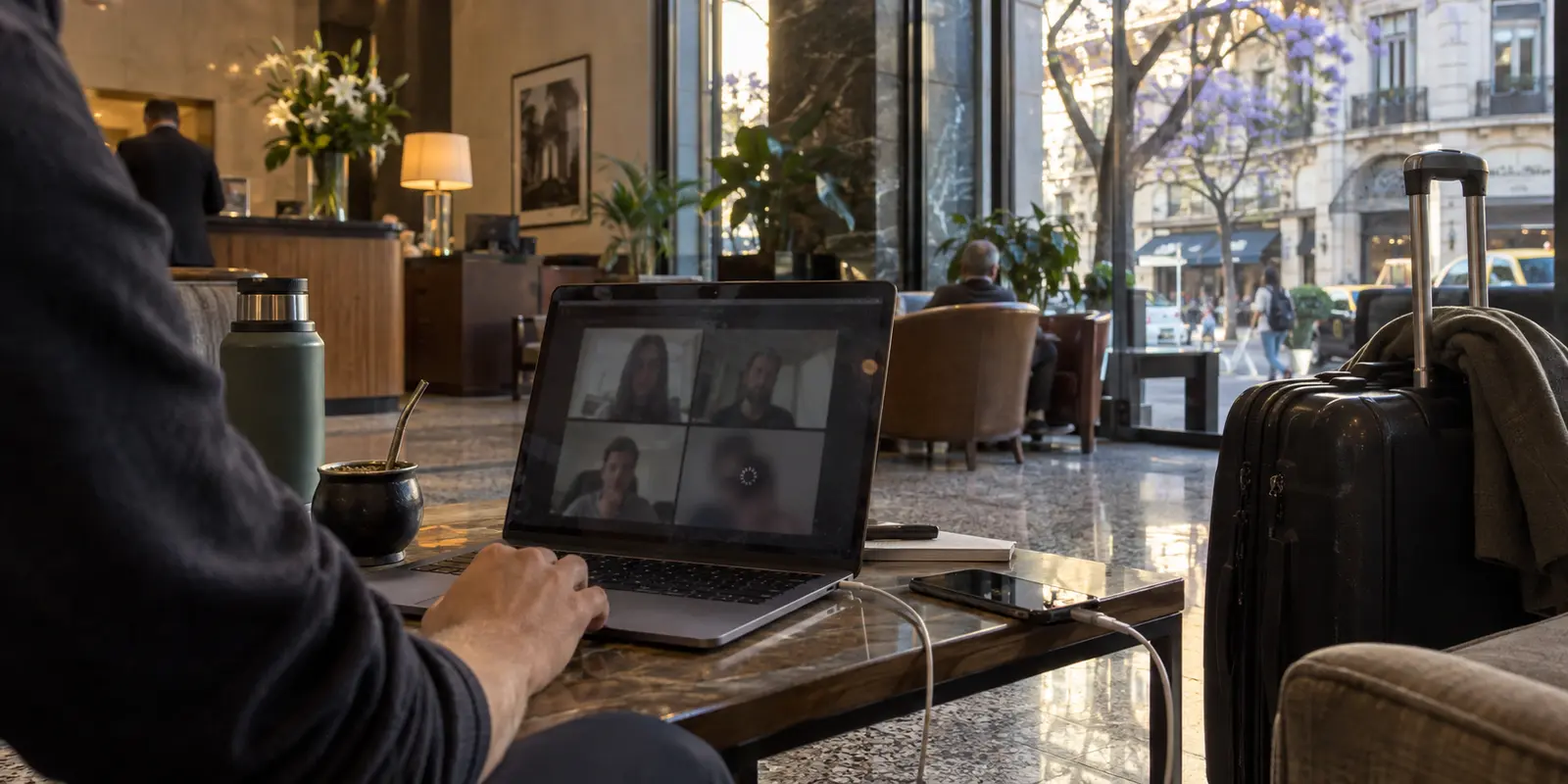 A remote worker's video call stalls on hotel Wi-Fi in Buenos Aires