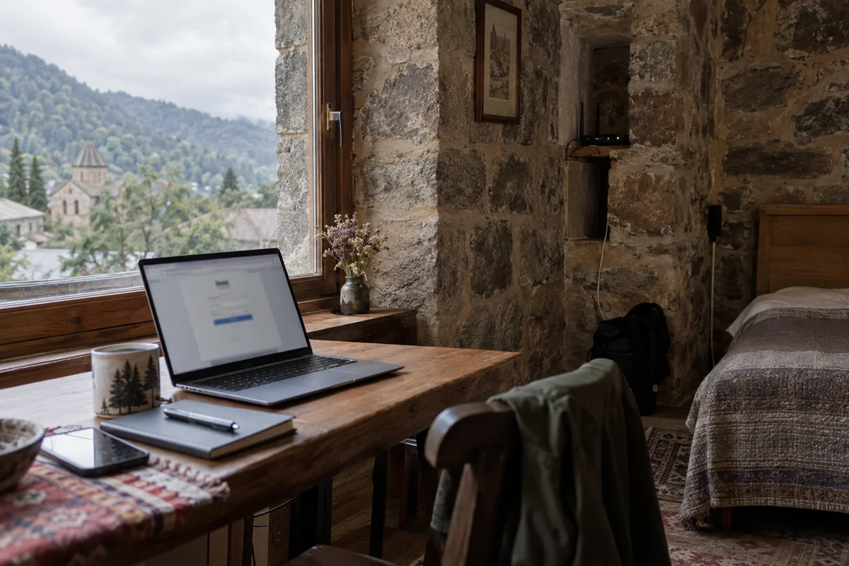 A laptop in a stone-walled Dilijan guesthouse with a distant Wi-Fi router