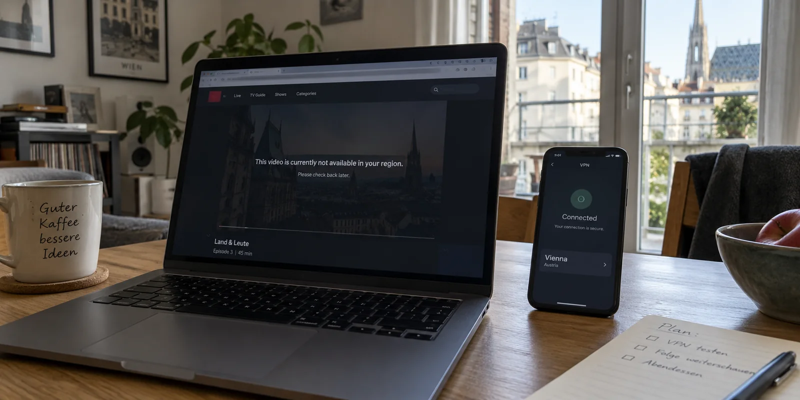 An Austrian video service refuses playback despite a connected Vienna VPN