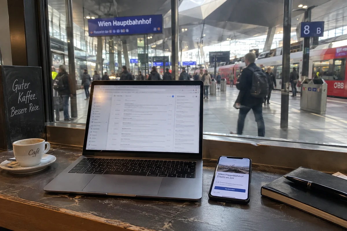 A traveler uses station Wi-Fi for work at Wien Hauptbahnhof