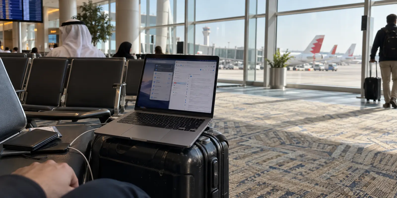 A work laptop using airport Wi-Fi beside a scuffed suitcase in Bahrain