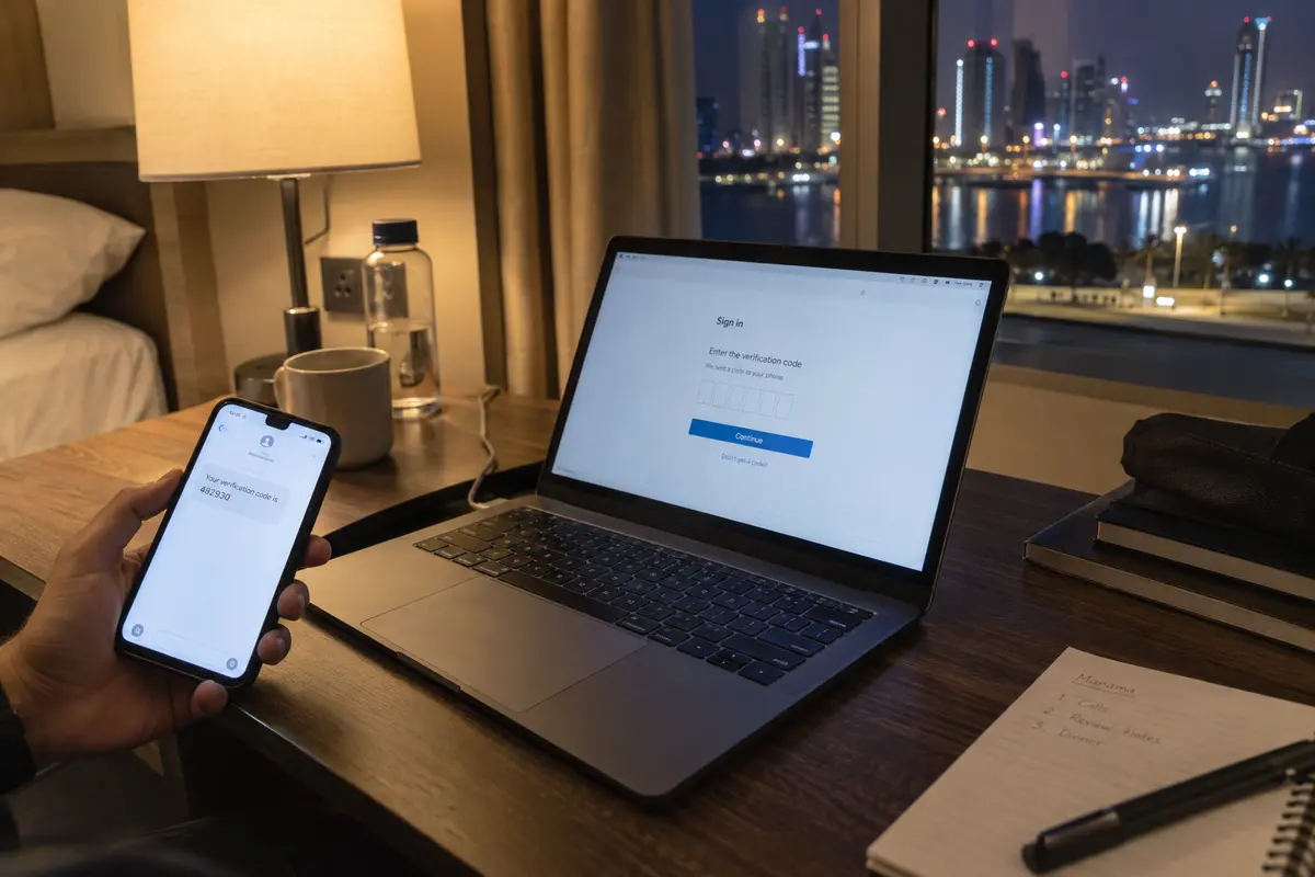 A hotel laptop requests a verification code that has arrived on the user's phone