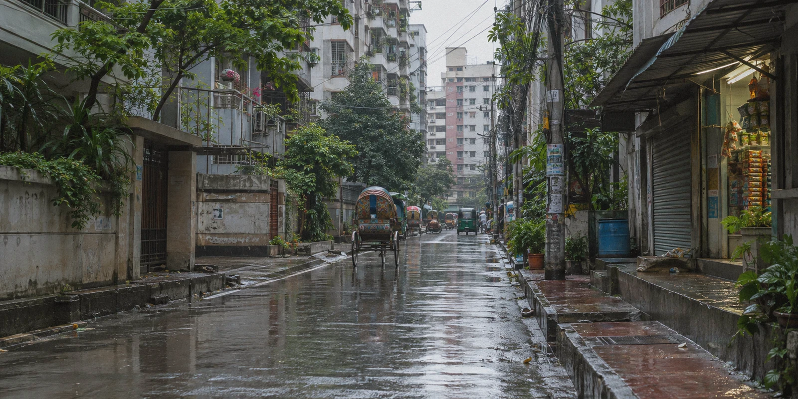 A rain-wet residential lane in Dhaka.