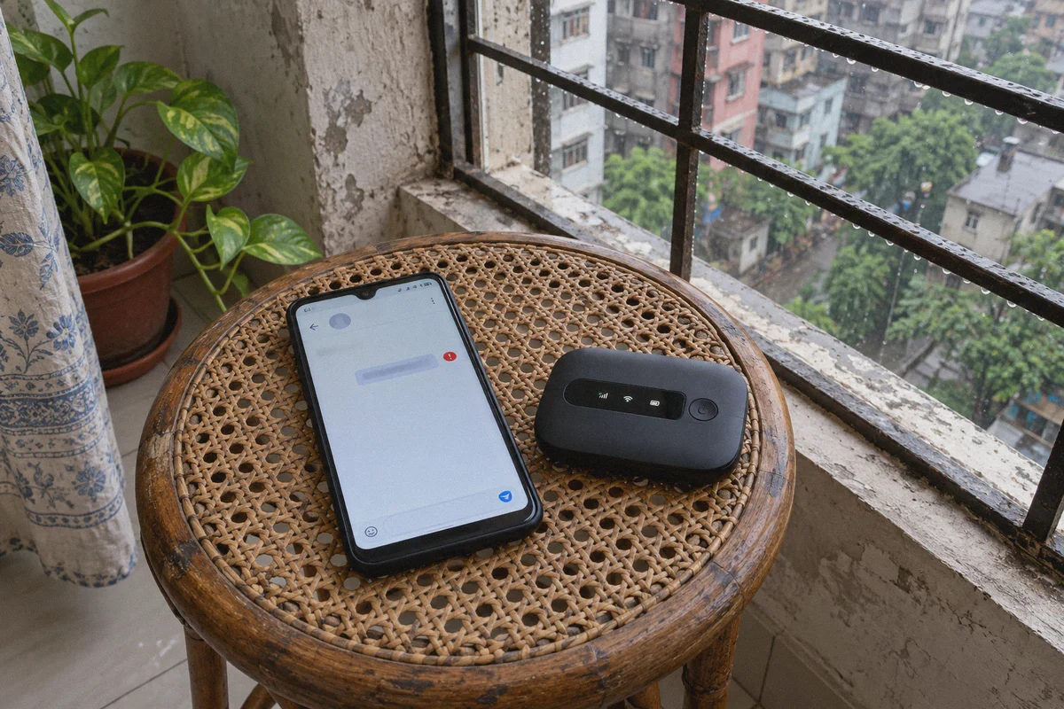 A phone and mobile hotspot beside an apartment window.
