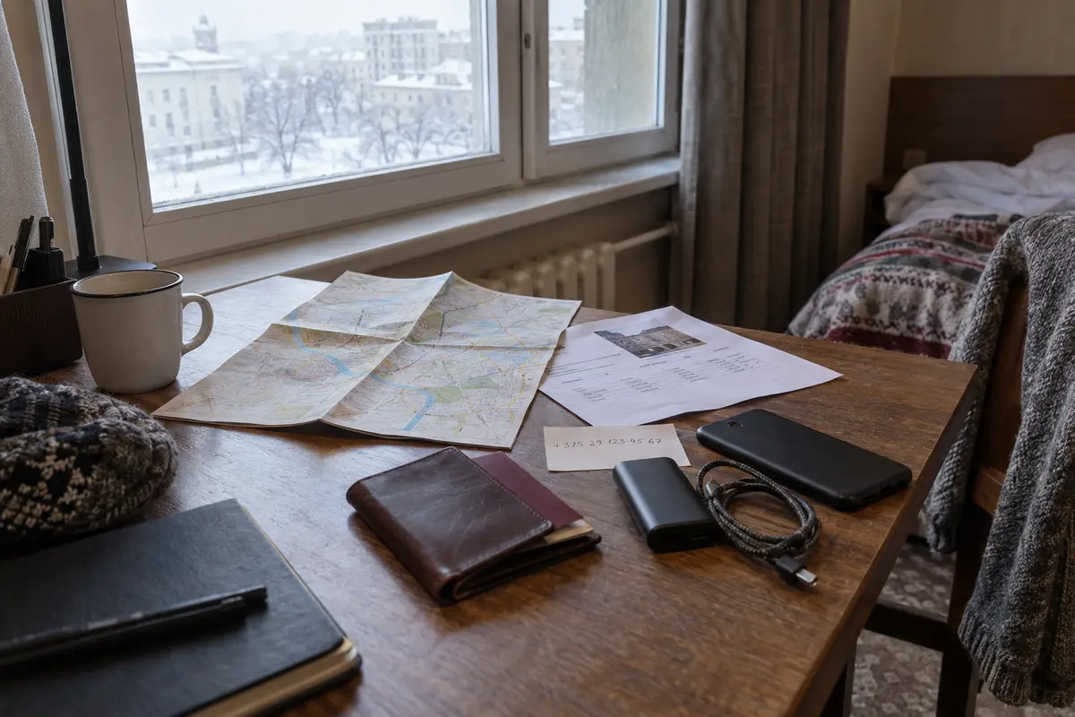 Offline maps, reservations, emergency contacts, and a power bank prepared in a Minsk hotel room