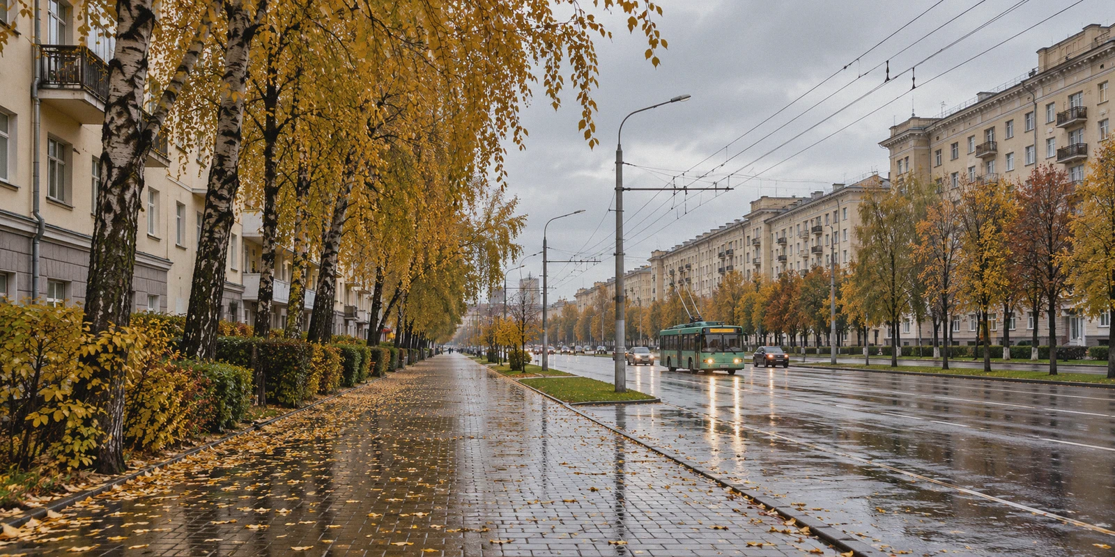 Rain-damp residential boulevard and trolleybus wires in Minsk.