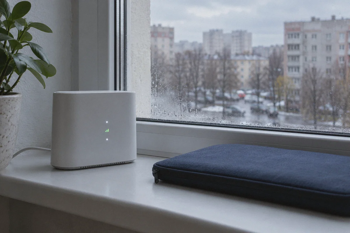 Mobile broadband modem on an apartment window ledge.
