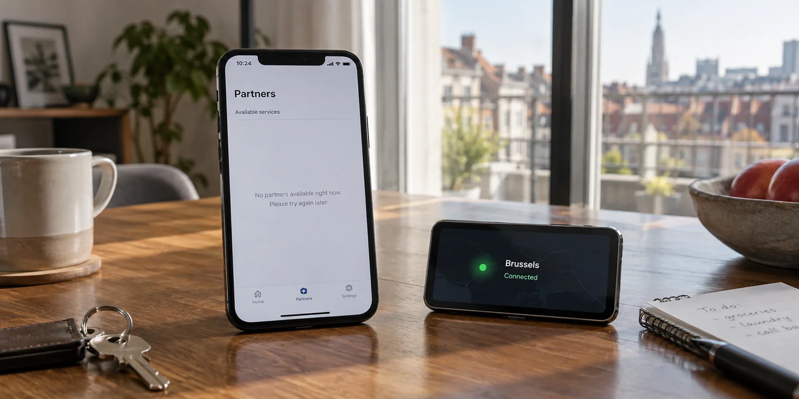 An identity app lists no Belgian partners despite a Brussels VPN connection