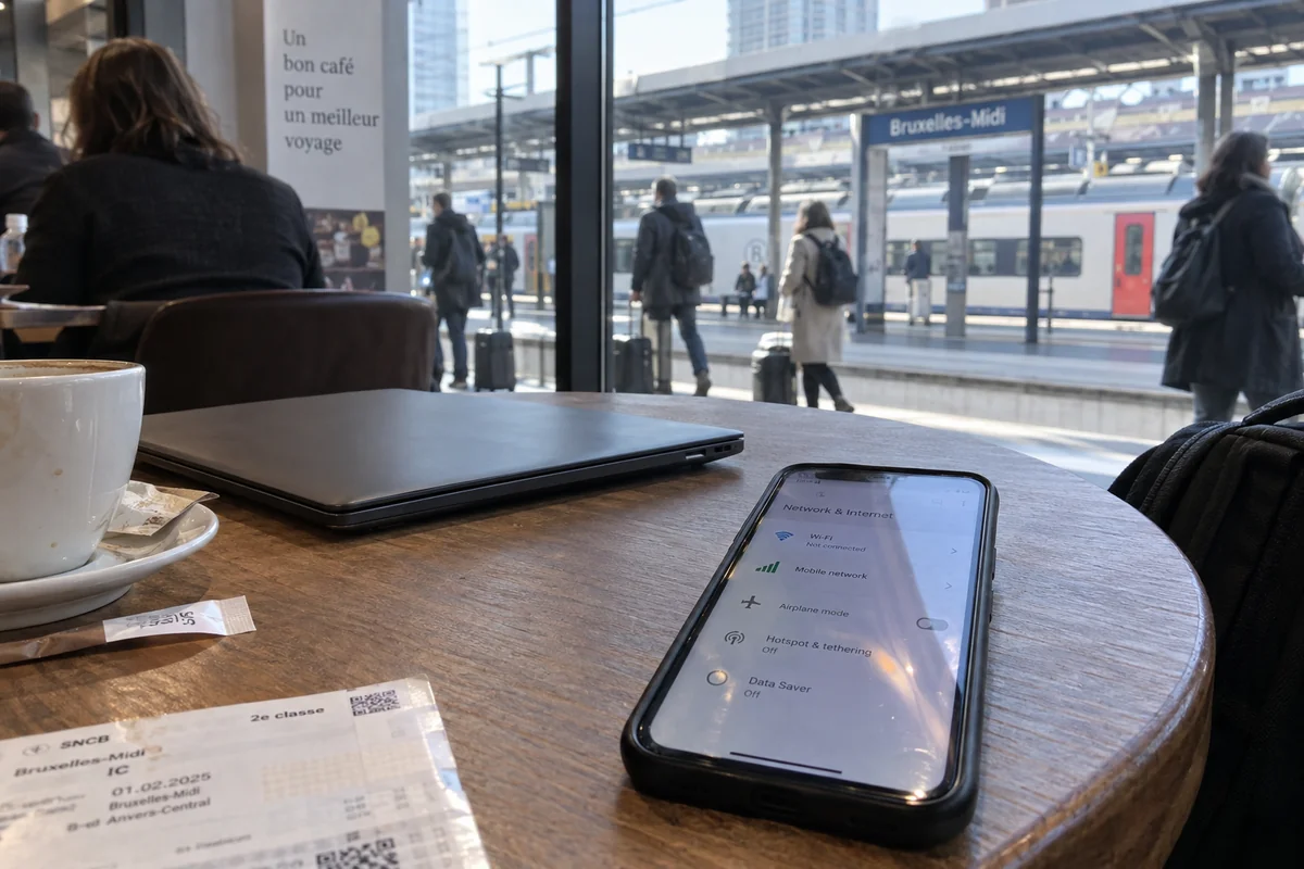 A phone offers mobile data and station Wi-Fi choices at Brussels Midi