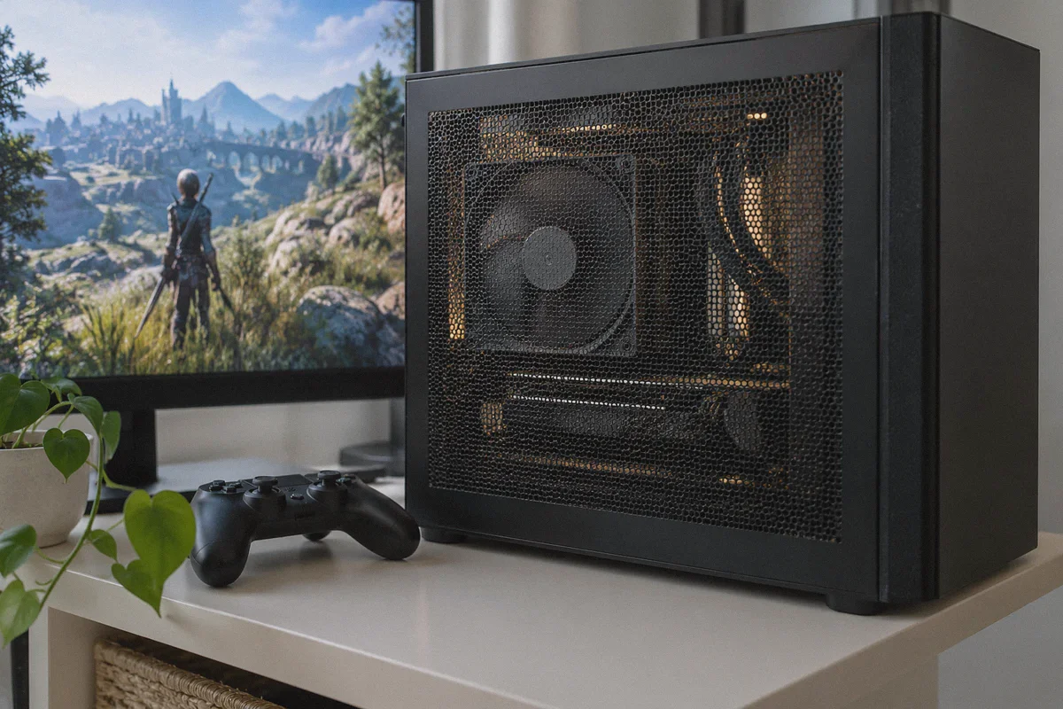 A gaming PC’s cooling hardware beside a running MMO.