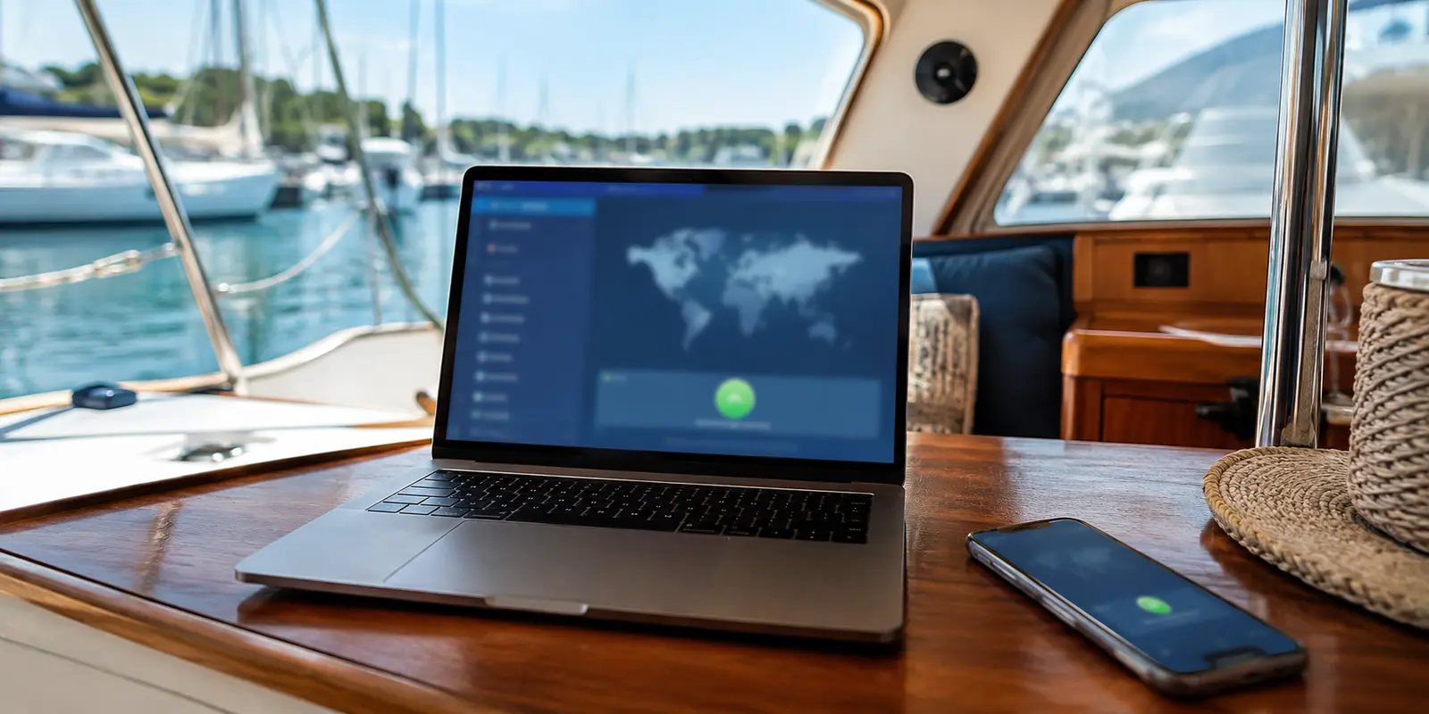 A laptop and marine router in a sailboat cockpit at sunset
