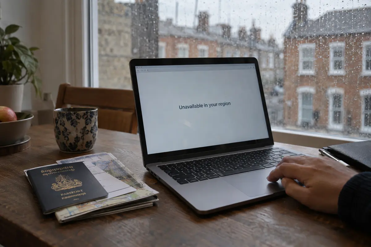 A Cambodian traveler abroad reaches a domestic service that is unavailable in the current region