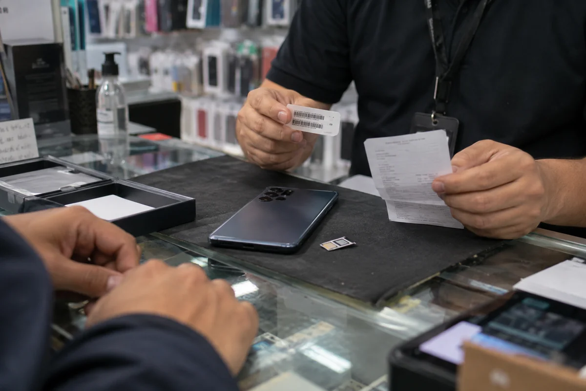 A mobile shop clerk checks an imported phone and registration paperwork