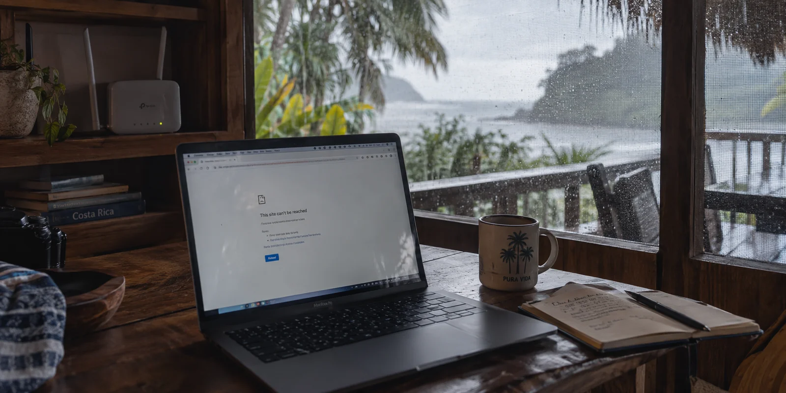 A web page fails to load over weak bungalow Wi-Fi during rain in Costa Rica