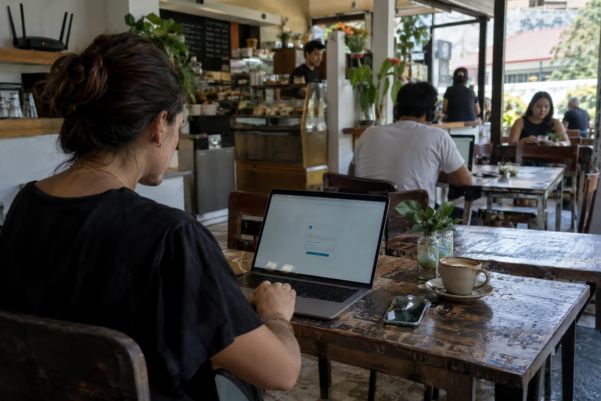 A remote worker signs in over shared café Wi-Fi in Costa Rica
