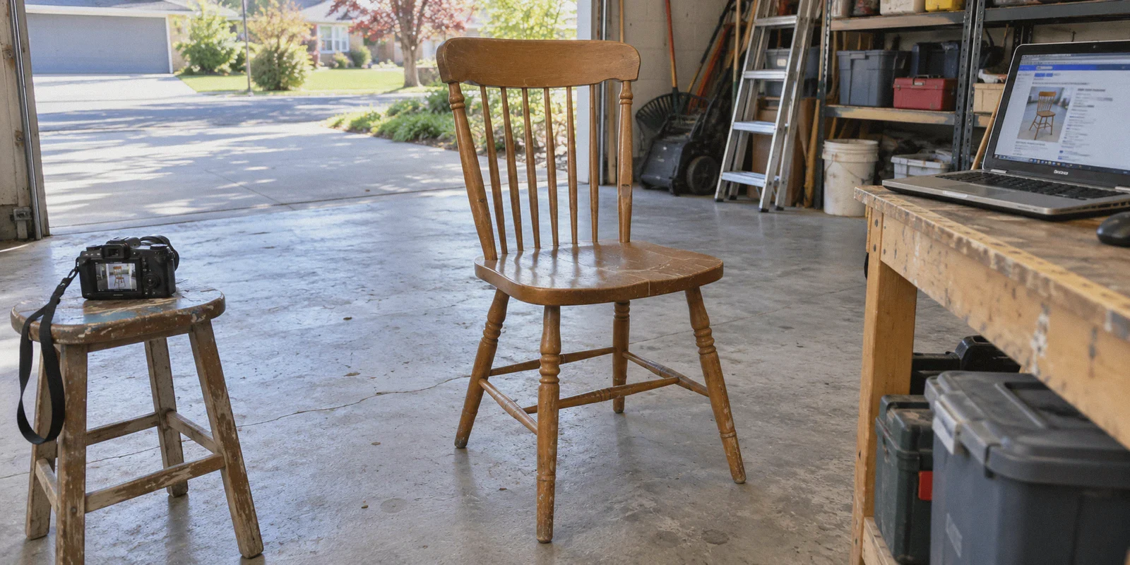 Chair prepared for a local classified listing in a garage.