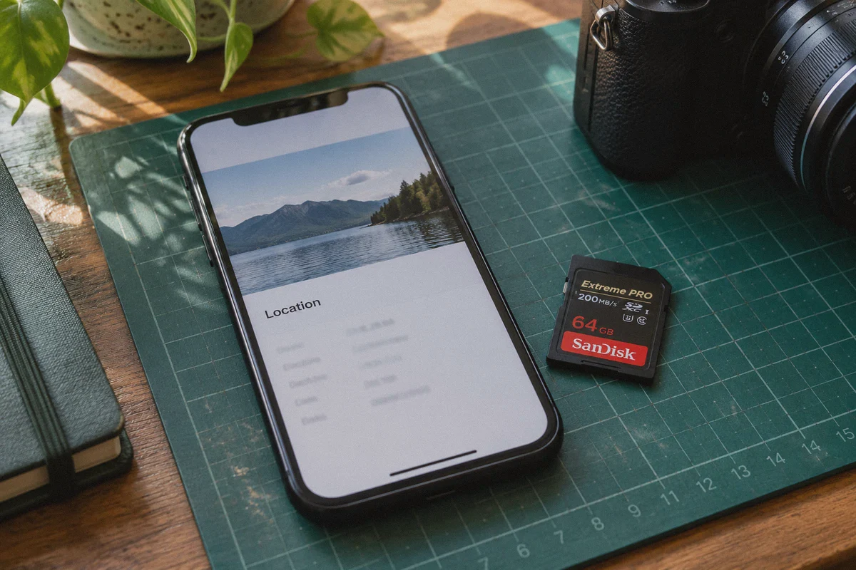Phone photo information beside a camera memory card.