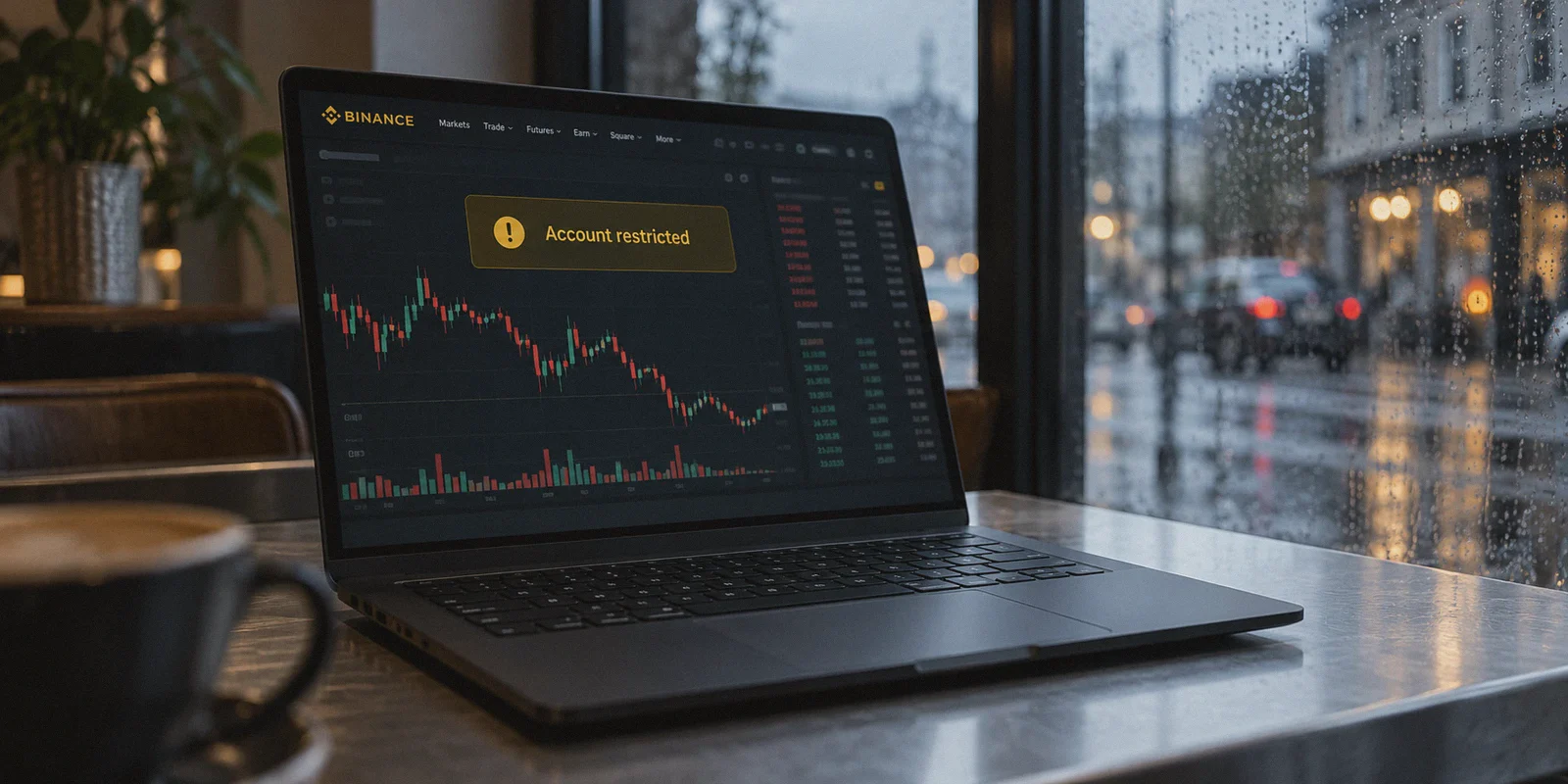 Trading laptop with an account restriction notification.