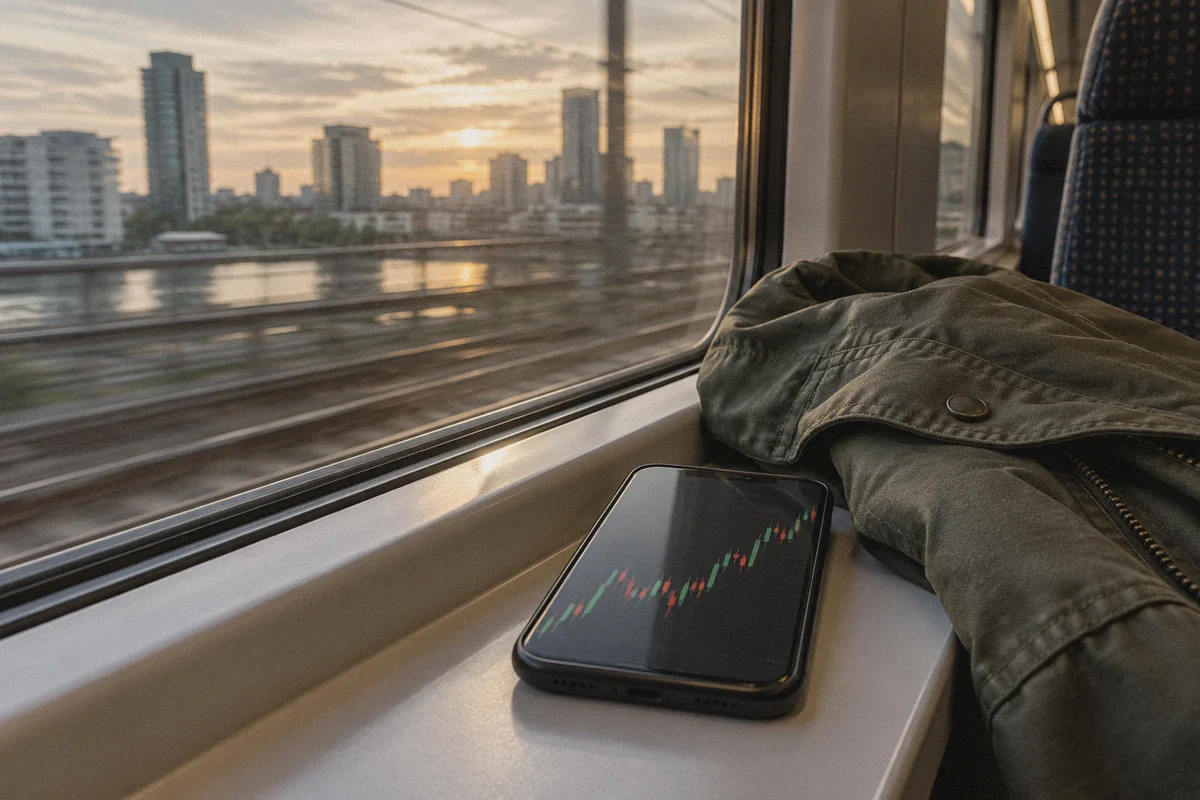 Phone with a market chart during a train journey.