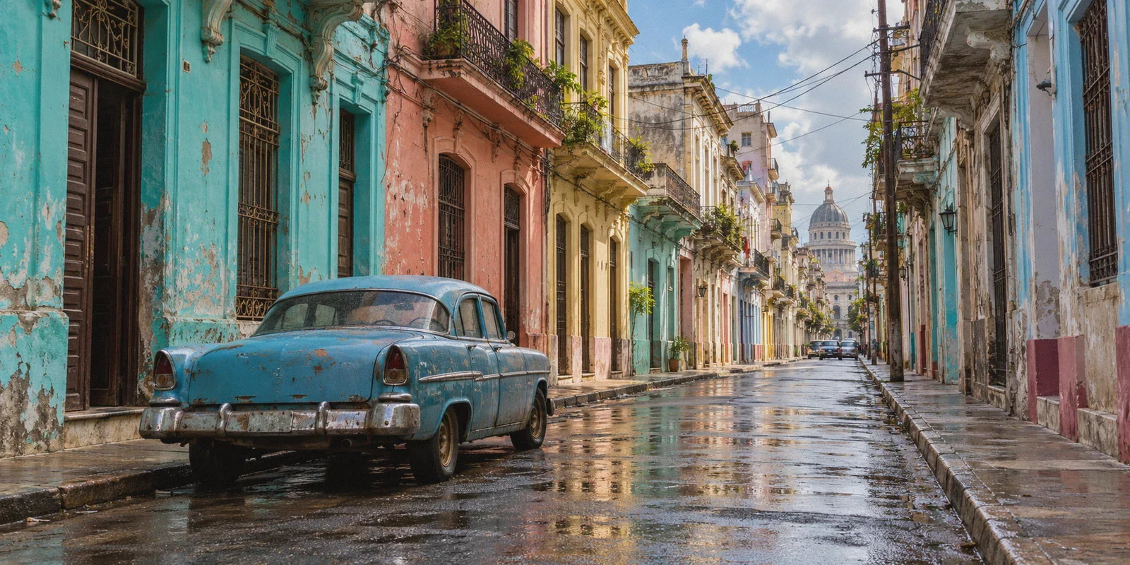 Weathered pastel homes along a Havana street.