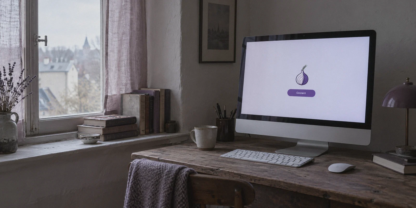 Tor Browser’s Connect button on a desktop in a reading alcove.