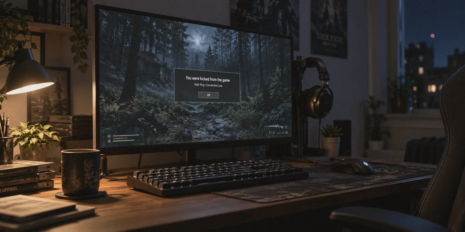 Gaming monitor showing a high-ping connection-loss dialog.