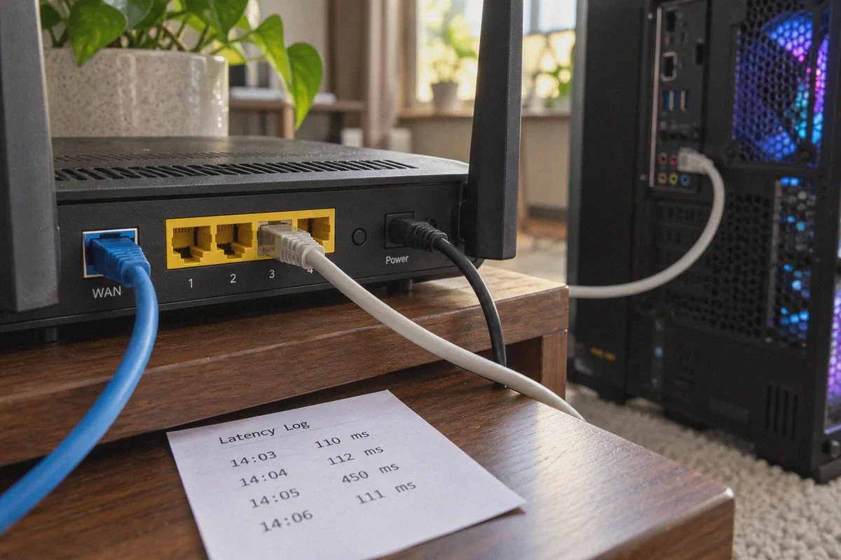 Home network cabling beside a short latency log.
