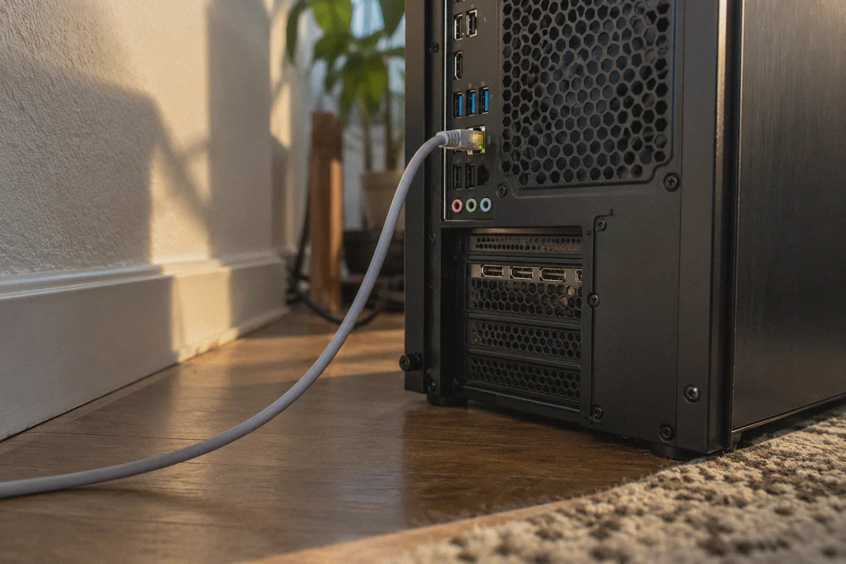 An Ethernet cable connected to a gaming computer.