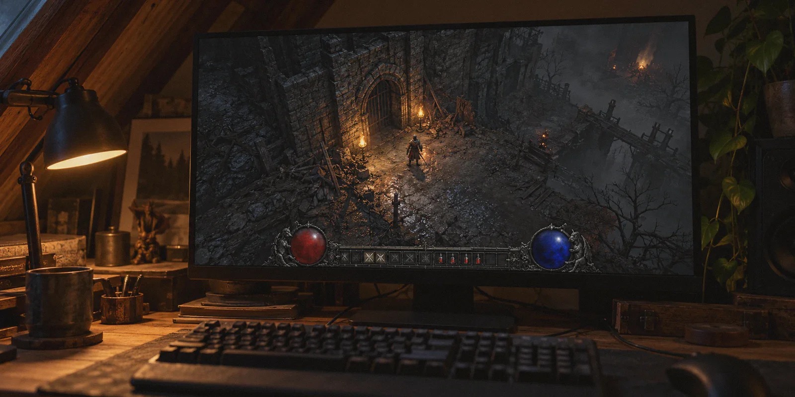 A Diablo IV dungeon scene on a home gaming monitor.