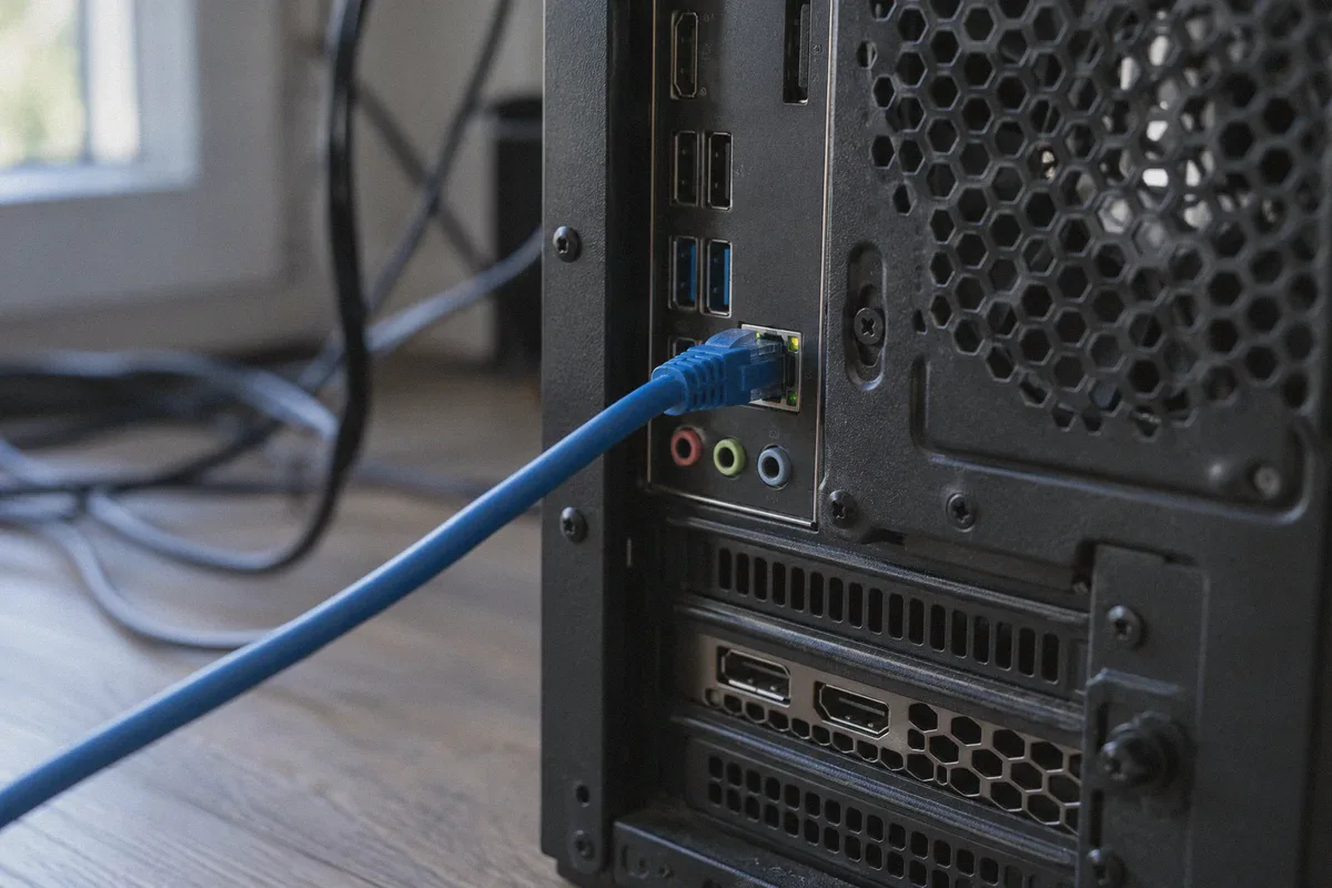 An Ethernet cable connected to a desktop gaming computer.