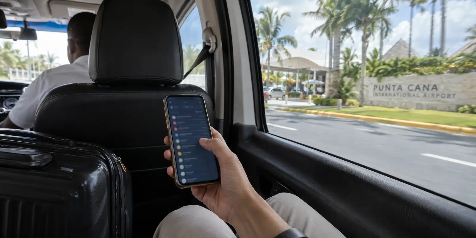 A traveler leaving Punta Cana airport pauses over a VPN server list