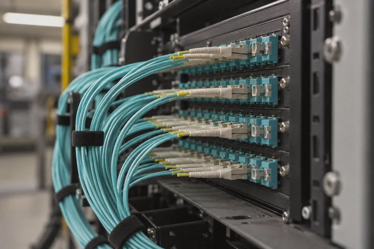 Fiber leads connected to a telecommunications patch panel.