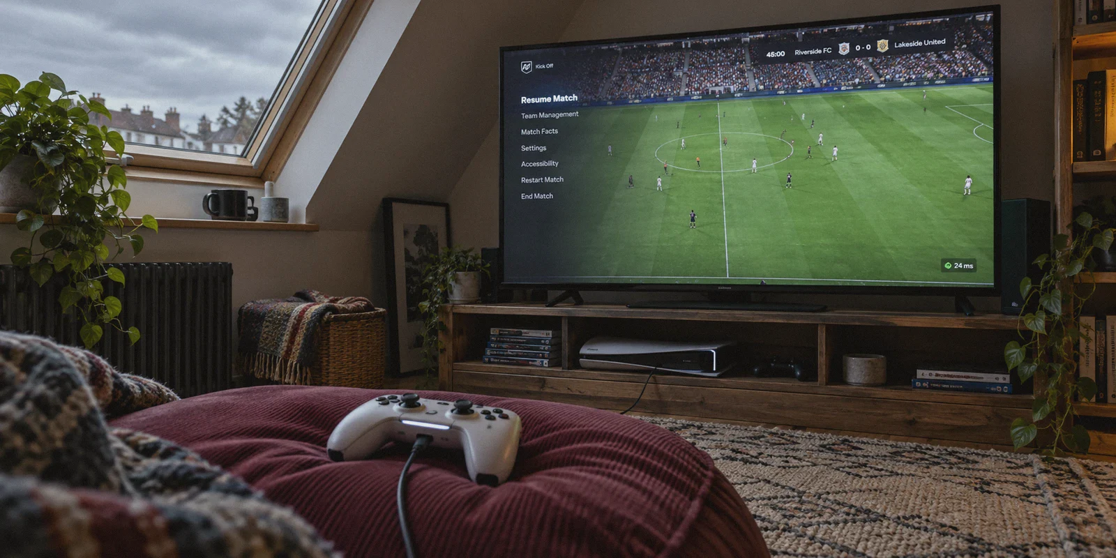 Football game and controller in an attic gaming nook