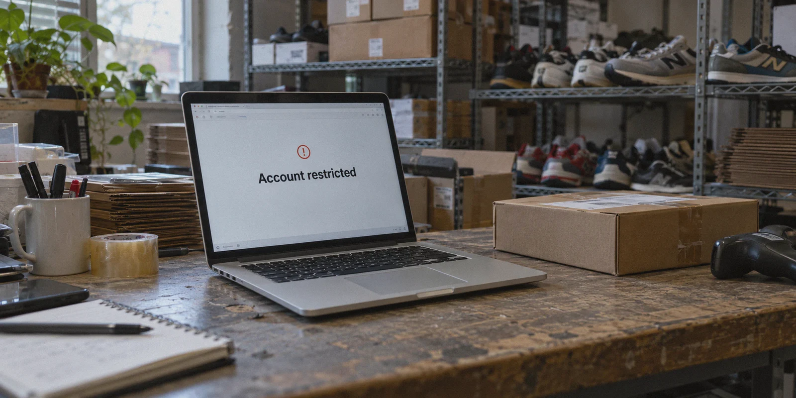 Laptop showing an account restriction at a resale packing bench.