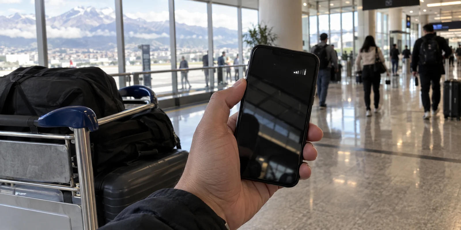 Checking cellular service on a phone after arriving at Quito airport