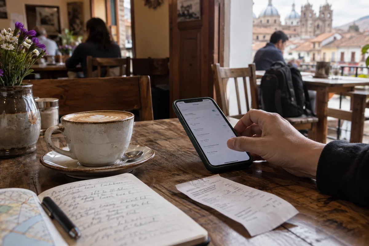 Checking mobile carrier settings at a café before choosing a data plan