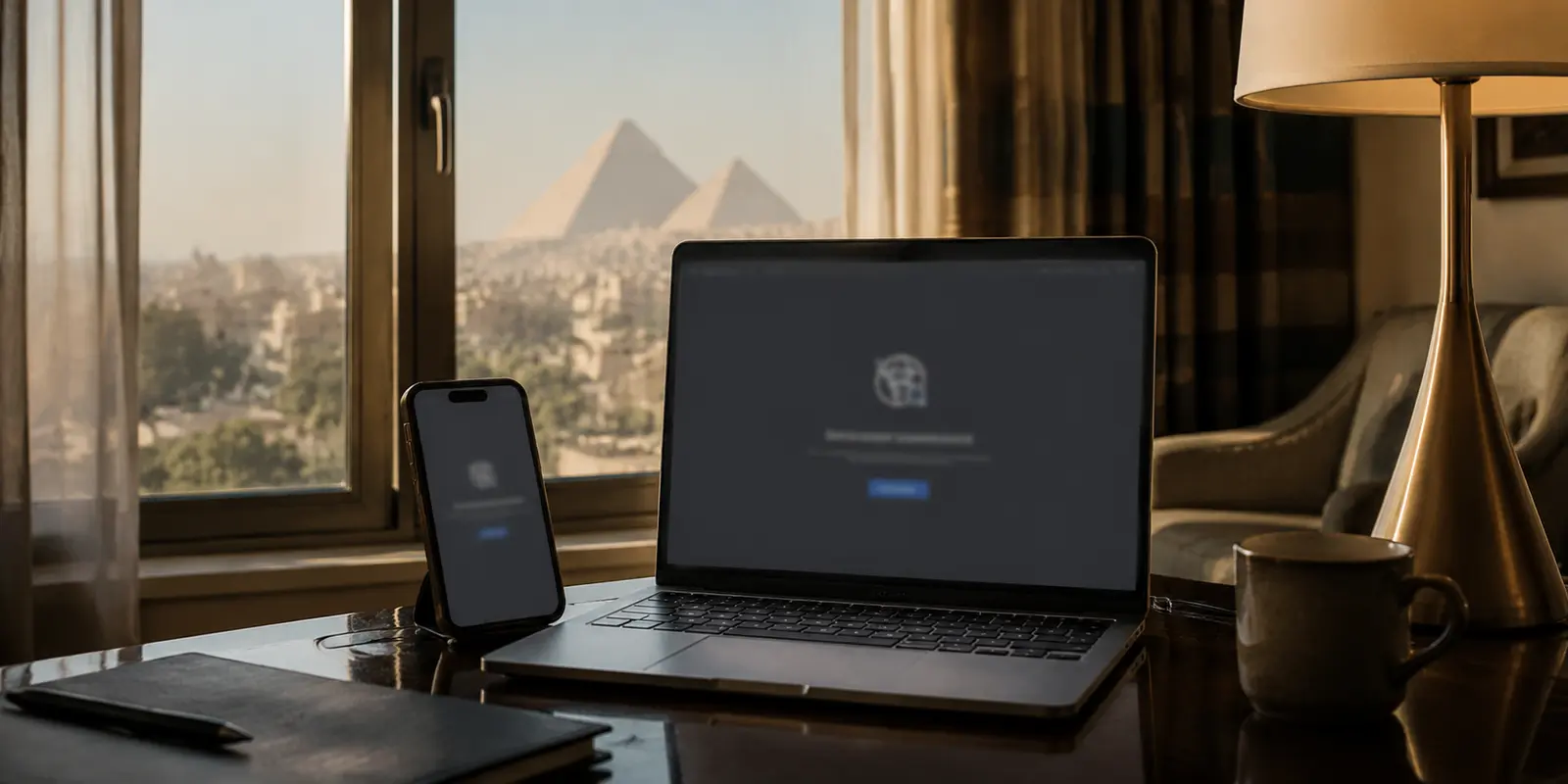 A phone and laptop in a Cairo hotel room with a blurred connection page