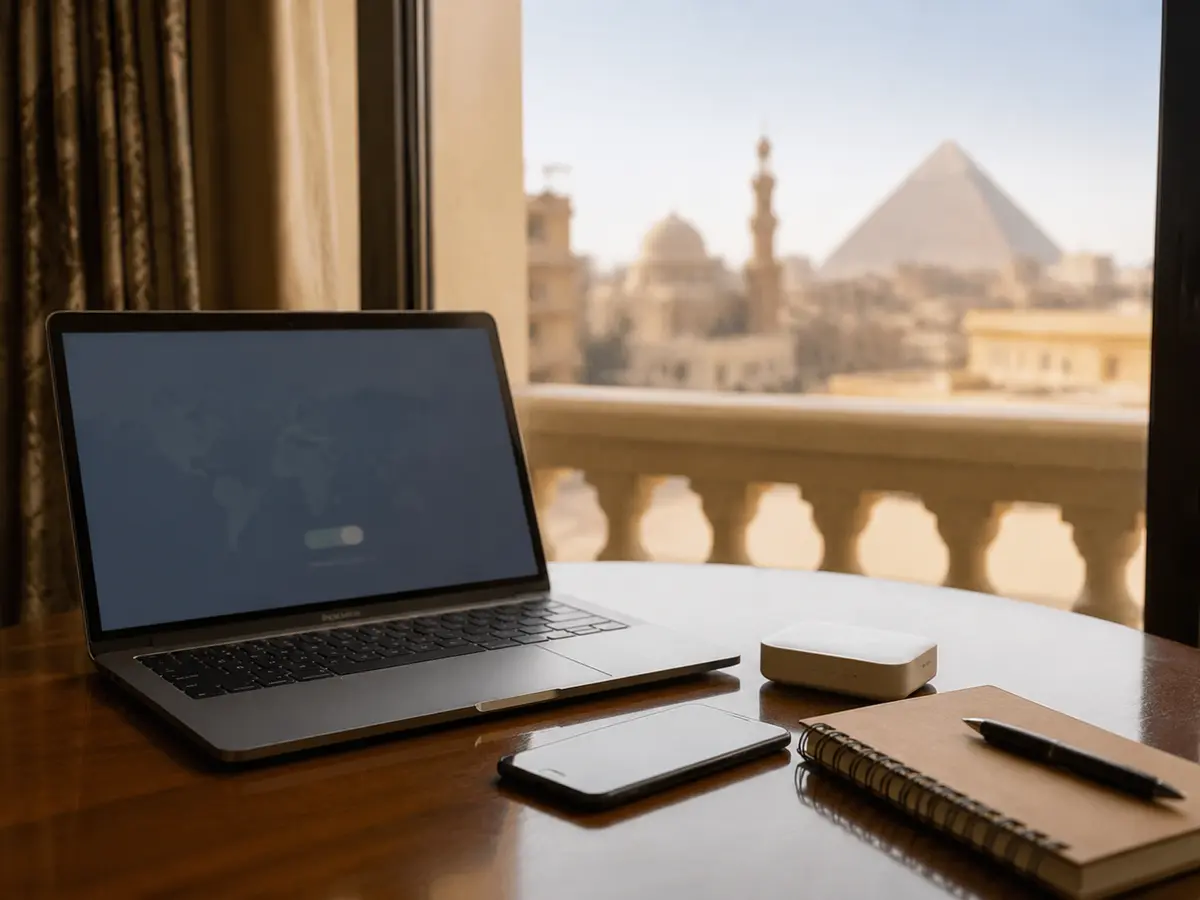 A phone and laptop in a Cairo hotel room with a blurred connection page