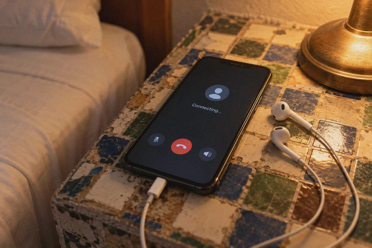 Phone call waiting to connect in a hotel.