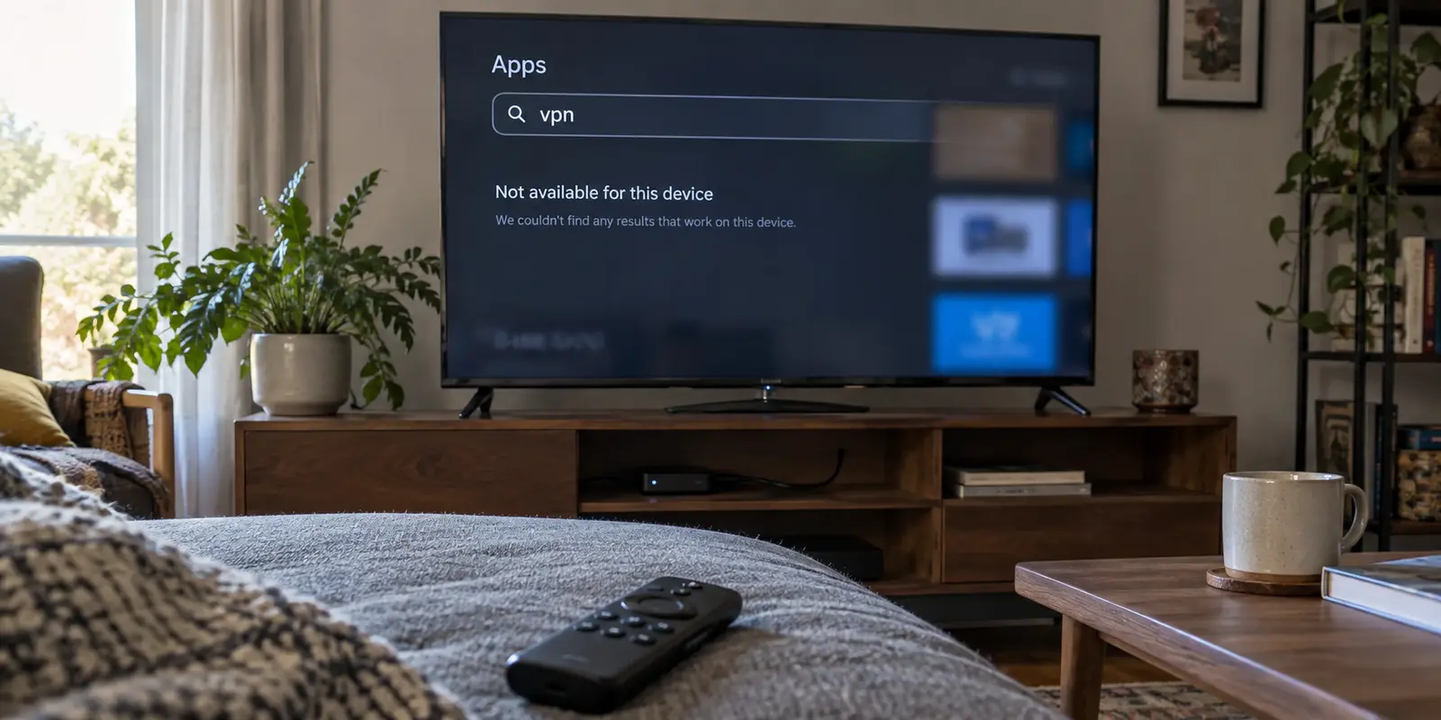 A television app-store search reports that no compatible VPN app is available for the device