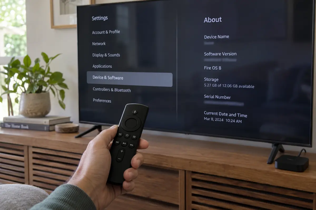 A streaming device About screen identifies the television platform as Fire OS 8