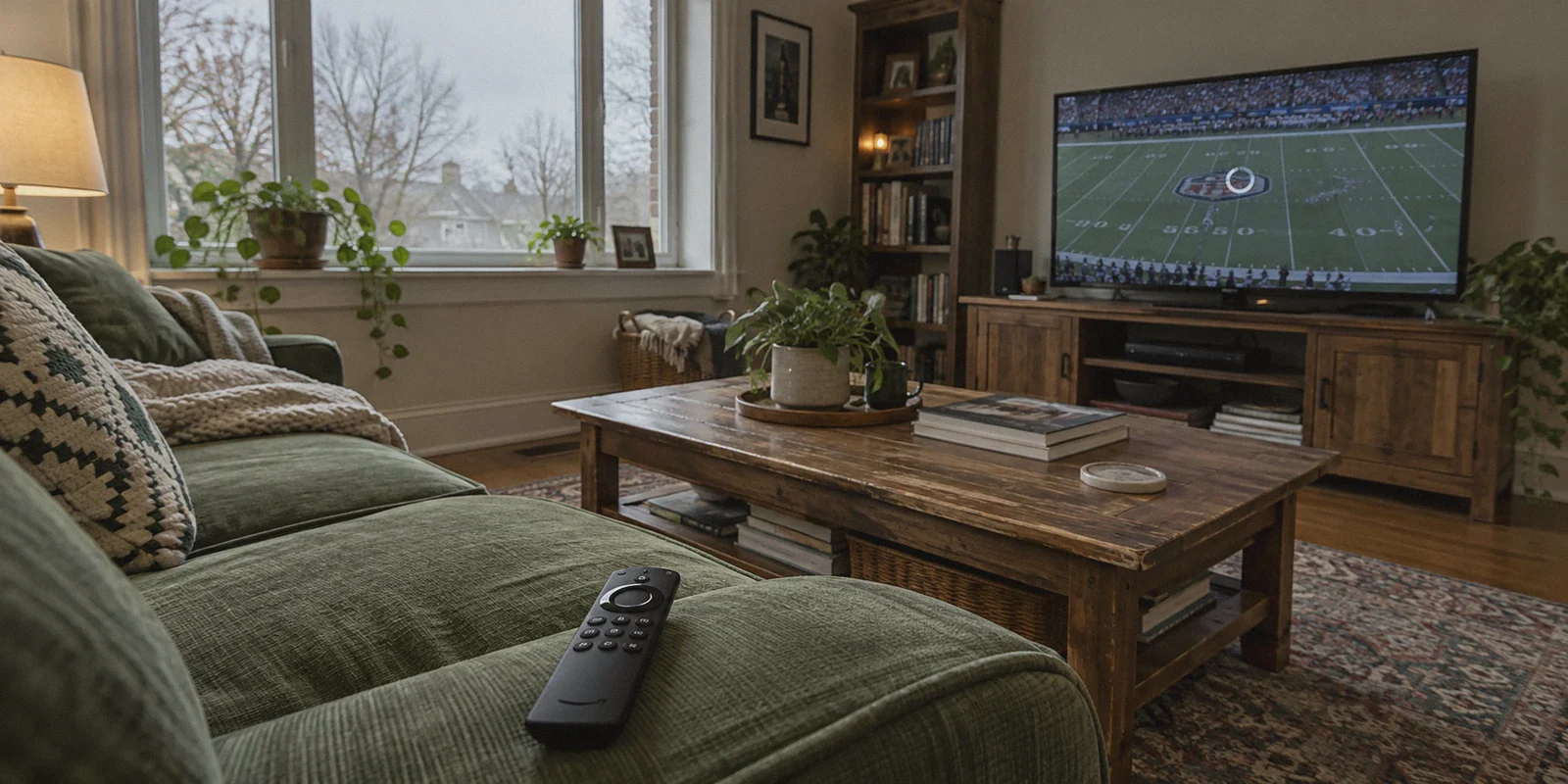 A football stream buffering on a living-room television.