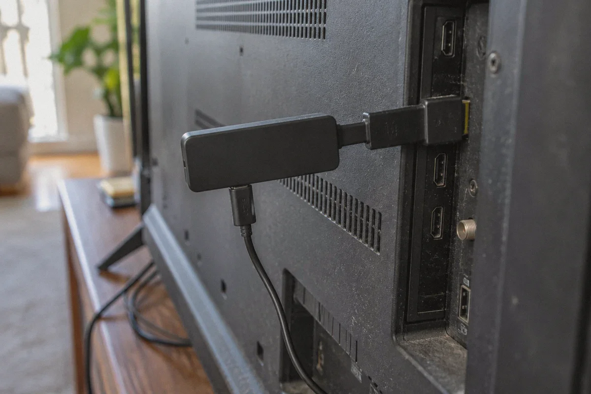 A compact streaming stick connected behind a television.